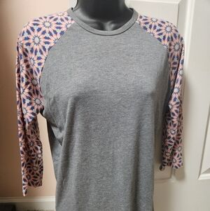 LuLaRoe Gray Raglan Tee with Pink and Blue Floral Sleeves